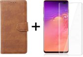 Samsung S10 Plus Hoesje - Samsung Galaxy S10 Plus hoesje bookcase bruin wallet case portemonnee hoes cover hoesjes - 1x Samsung S10 Plus screenprotector UV