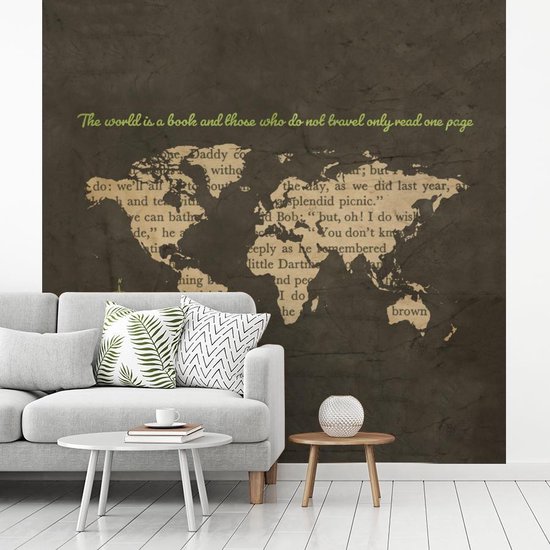 Behang - Fotobehang Wereldkaart - Letters - Windroos - Breedte 280 cm x hoogte 280 cm