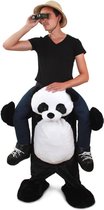 Gedragen door panda pak kostuum zittend op nek pandapak zwart wit