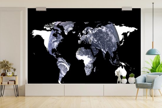 Behang - Fotobehang Wereldkaart - Zwart - Wit - Wereldbol - Breedte 525 cm x hoogte 350 cm