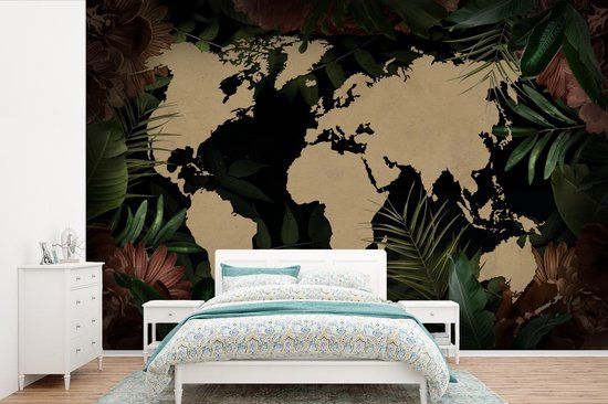 Behang - Fotobehang Wereldkaart - Bladeren - Bloemen - Breedte 525 cm x hoogte 350 cm