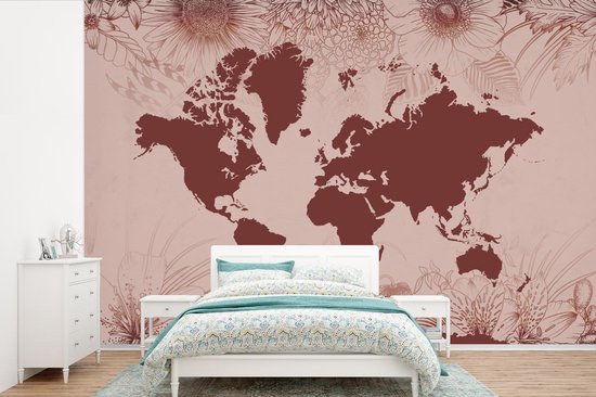 Carte du monde rouge foncé sur fond rose décorée d'illustrations de fleurs 600x400 cm