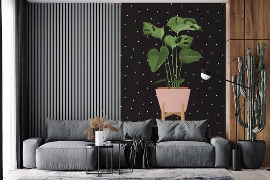 Illustration d'une plant Monstera sur fond noir à pois blancs 200x300 cm