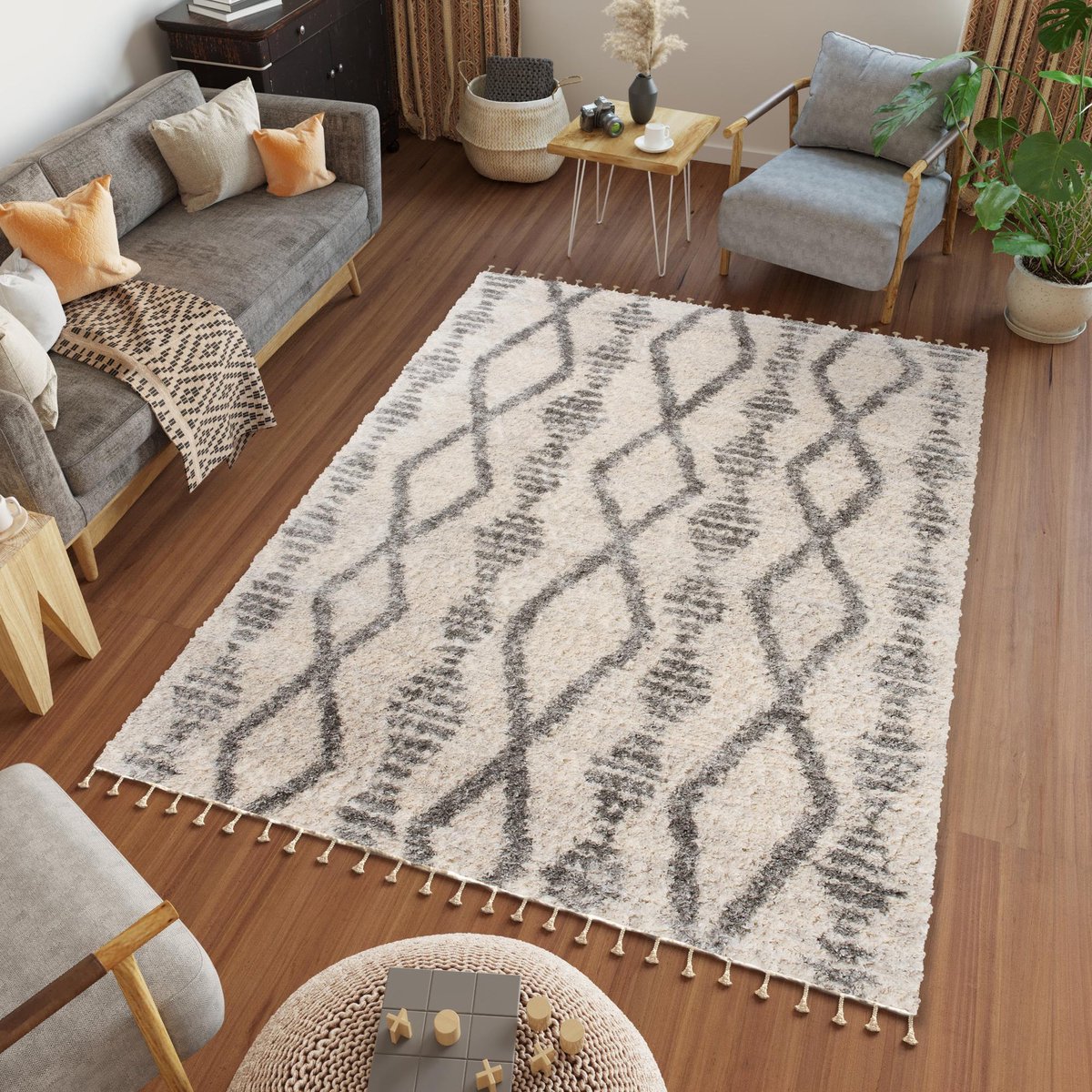 Tapiso Versay Fringes Vloerkleed Hoogpolig Shaggy Tapijten Maat- 120x170 Creme Grijs1