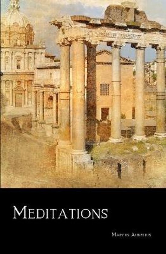 Boek 'Meditations' van Marcus Aurelius met Romeinse ruïnes en koepel op de achtergrond.