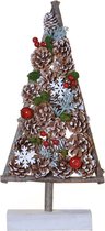 Kerstboom decoratie - Pinecone snowflake | 8 x 20 x 50 cm | Decoratieve houten kerstboom op voet gevuld met dennenappels, groen en rode details | Wit