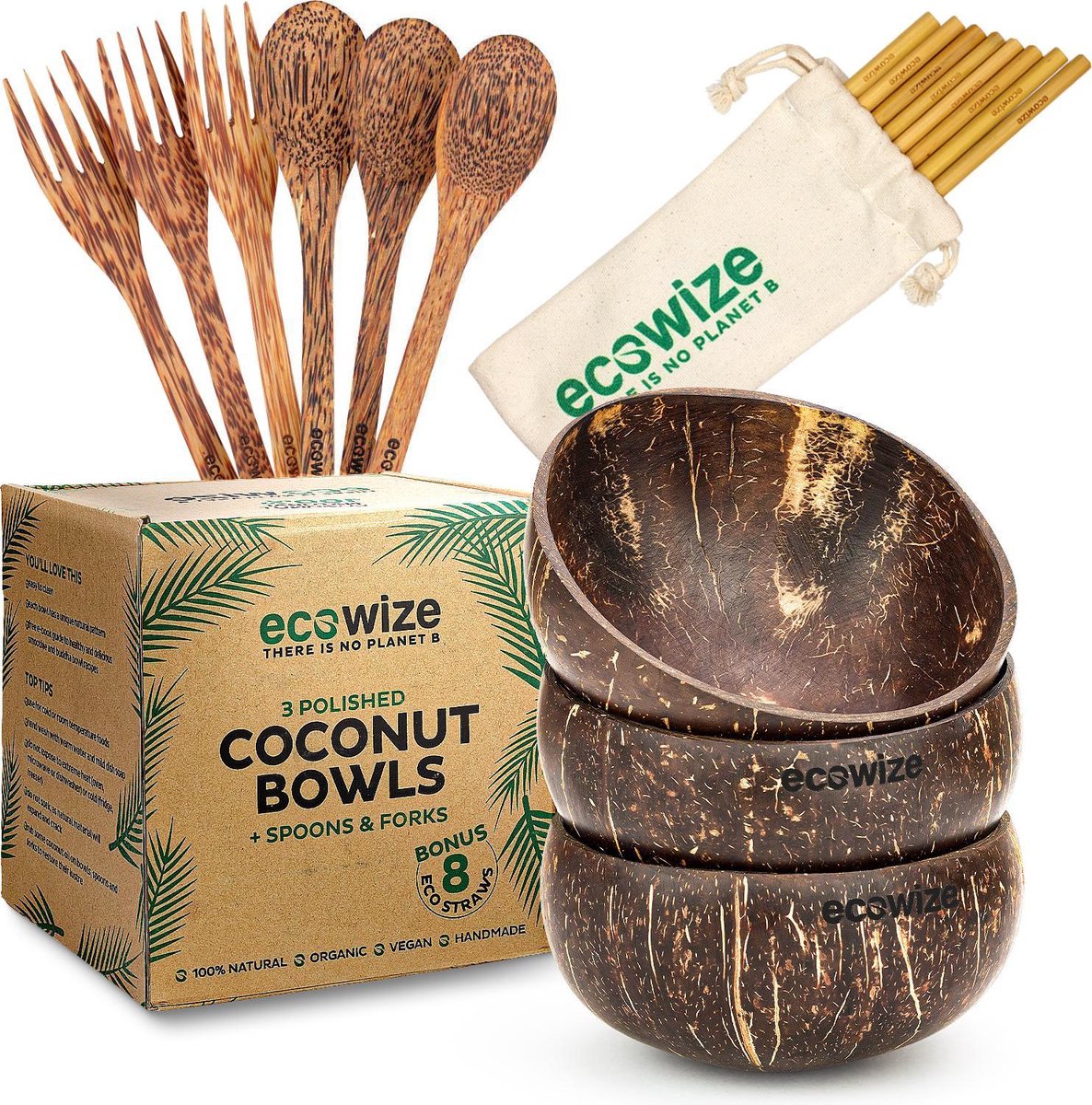 Ecowize Coconut Bowls (Set van 3) - Kokosnoot Kom & Schaal - Met 3 Lepels, 3 Vorken en 8 Bamboe Rietjes - Zero Waste & Herbruikbaar - Duurzaam Cadeau