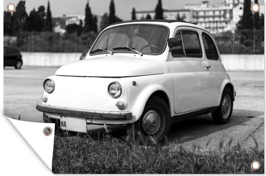 Muurdecoratie Kleine Witte Fiat 500 - zwart wit - 180x120 cm - Tuinposter - Tuindoek - Buitenposter