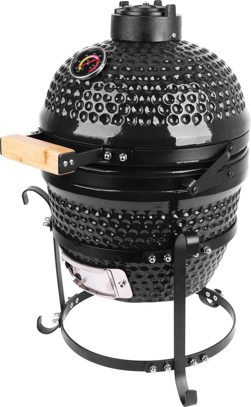 Kamado BBQ - 13 inch. - keramisch - Tafelmodel - Egg model - Zwart - Vuurvaste binnenkant - Hittebestendig keramiek - Inclusief thermometer