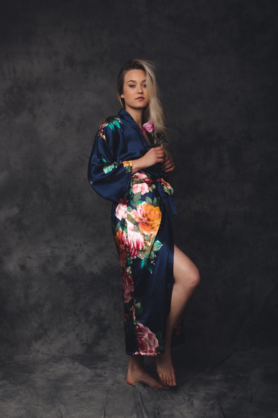 Foto: Dames kimono satijn blauw met bloemen lang model one size luxe cadeau vrouw