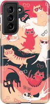 Samsung Galaxy S21 Telefoonhoesje - Extra Stevig Hoesje - 2 lagen bescherming - Met Dierenprint - Kat - Zwart