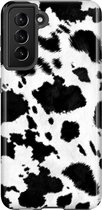 Samsung Galaxy S21 Telefoonhoesje - Extra Stevig Hoesje - 2 lagen bescherming - Met Dierenprint - Koeien Patroon - Zwart