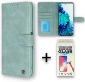 Casemania Hoesje Geschikt voor Samsung Galaxy S21 FE Aqua Blue & Glazen Screenprotector - Luxe Portemonnee Book Case - Kaarthouder & Magneetlipje
