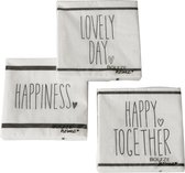 Servetten met tekst happiness / lovely day / happy together. Set van 3 pakjes van 20stuks.
