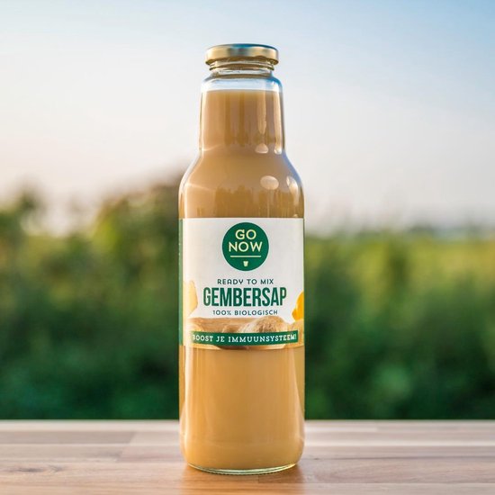 Glazen fles gembersap 'GO NOW' 100% biologisch, met label waarop gember staat.