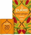 Pukka Three Ginger biologische kruidenthee verpakking en een los theezakje met '20 sachets' erop.