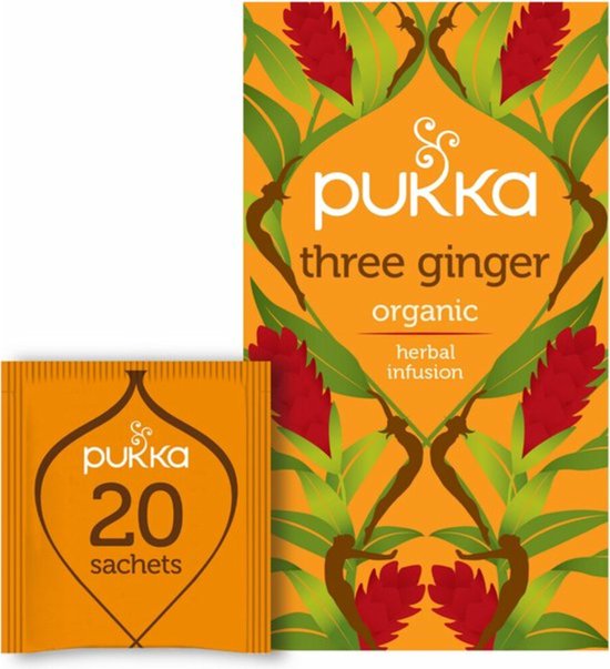 Pukka Three Ginger biologische kruidenthee verpakking en een los theezakje met '20 sachets' erop.