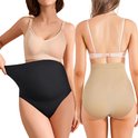 Twee zwangerschapsbroeken op modellen, één zwart, één beige. Zwart aan de voorkant, beige aan de achterkant.