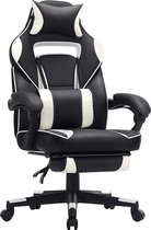 Gaming chair, bureaustoel met voetsteun, bureaustoel met hoofdsteun en lendenkussen, in hoogte verstelbaar, ergonomisch, 90-135° kantelhoek, tot 150 kg draagvermogen, zwart-wit OBG
