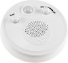 Witte ronde bewegingsmelder met luidspreker, 'Scan' en 'Aan/Uit' knoppen, en een sensor.