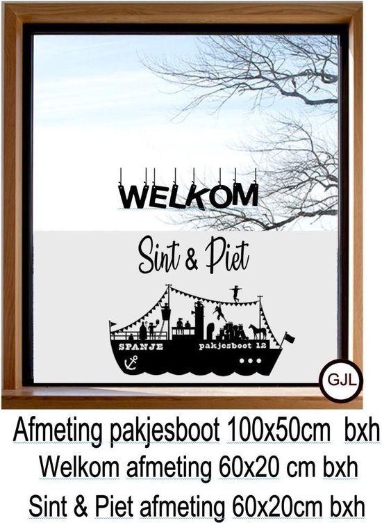 Statische Raam folie Sticker Sint en Piet Pakjesboot Schip 5 december Kleur Zwart  Herbruikbaar Sticker 100x50 cm  x tekst 60 x 40 cm  xxl afmeting