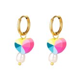 Edelstalen Oorbellen - Hart - Parel - Regenboog