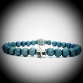 Metalige Armband met Coating met 925 Sterling Zilver Skull Bedel van 6.1gram Zilver , Handgemaakte Edelsteen Armband met 7mm (Carribean blauw) kralen .