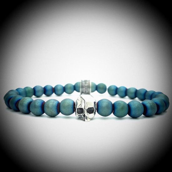 Metalige Armband met Coating met 925 Sterling Zilver Skull Bedel van 6.1gram Zilver , Handgemaakte Edelsteen Armband met 7mm (Carribean blauw) kralen .