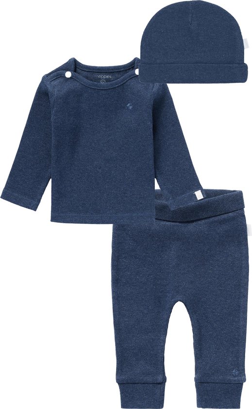 Noppies SET(3delig) Broekje NAURA en Shirt NATAL Navy, met Mutsje Nevel - Maat 68