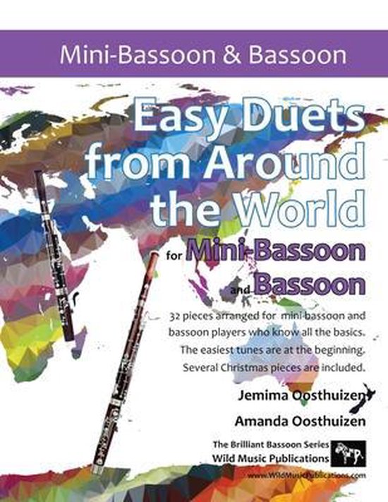 Muziekboek voor mini-fagot en fagot met wereldkaart-achtergrond en twee geïllustreerde instrumenten.