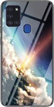 Voor Samsung Galaxy A21s Sterrenhemel Geschilderd Gehard Glas TPU Schokbestendig Beschermhoes (Heldere Sterren)