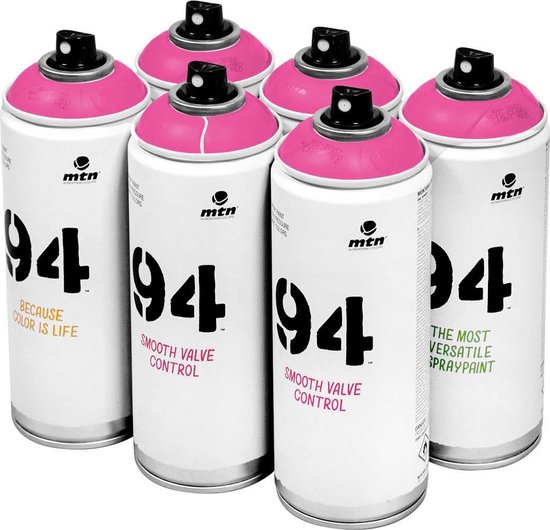 Six bombes aérosols avec bouchons rose vif, boîtiers blancs marqués "94".