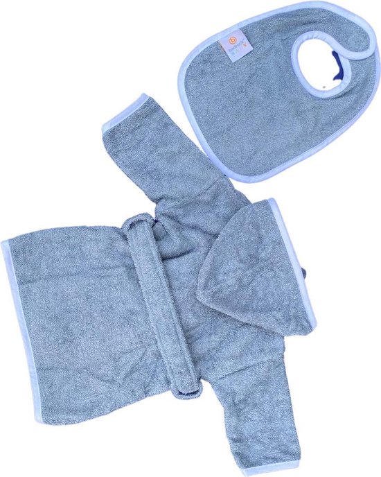 Babybadjas met capuchon – blauw/grijs (denim) – baby badjas gender neutraal – baby badjas meisje – baby badjas jongen – kraamcadeau – 100% badstof katoen – incl. slabbetje - luxe baby badjas mét roomwitte bies - maat 1-2 jaar (92) — afbeelding 5