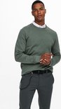 Man kijkt naar de zijkant, handen tegen elkaar. Draagt een groene sweater, wit overhemd en grijze geruite broek met riem.