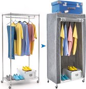 Artmoon BUFFALO - Stevige Verrijdbare Garderobekast Met Schoenenrek - Mobiele Stoffen Kleding Kast Op Wielen Met Kleding Stang - Kleren Kledingrek Opbergkast Zonder Deuren -  Rek Hangkast Legkast Op Wielen - Metalen Frame - 75 x 45 x 150 cm - Grijs