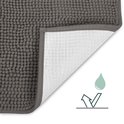 Onderkant van een donkergrijze badmat met antislip en waterdruppel symbool.