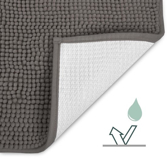 Onderkant van een donkergrijze badmat met antislip en waterdruppel symbool.