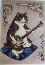 Getatoëerde Kat Japanse Yakuza Stijl Tattoo Shamisen Banjo Vintage Poster 42x30cm. nieuwe Druk