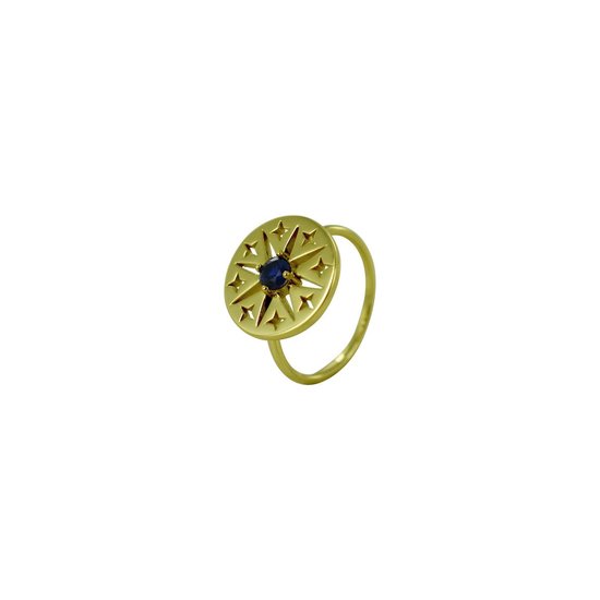 Silventi 9SIL-21488 Zilveren Ring - Dames - Ster - 14,5 mm Doorsnee - Blauw Topaas - Maat 52 - Zilver - Gold Plated (Verguld/Goud op Zilver)