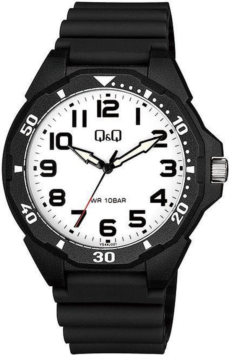 QQ VS44J001Y - Horloge - Sport - Analoog - Mannen - Heren - Plastic band - Rond - Cijfers - Metaal - Zwart - Wit - 10 ATM