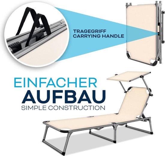 Tillvex - Aluminium ligstoel, Beige opvouwbaar met dak tuinstoel ligbed strandstoel camping