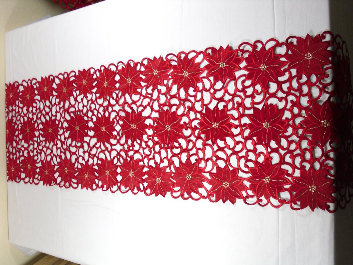 Tafelkleed - Kerst - Rood opengewerkt met bloemen - Loper 170 cm