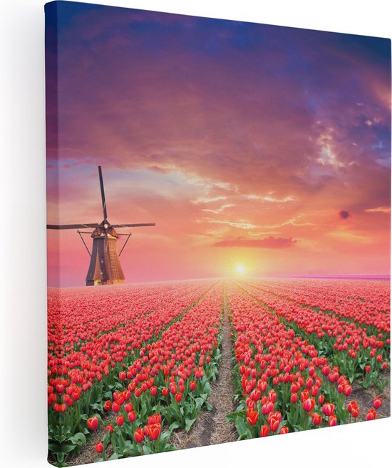 Artaza - Peinture sur toile - Champ de fleurs de roses rouges avec un moulin à vent - 40x40 - Klein - Photo sur toile - Impression sur toile
