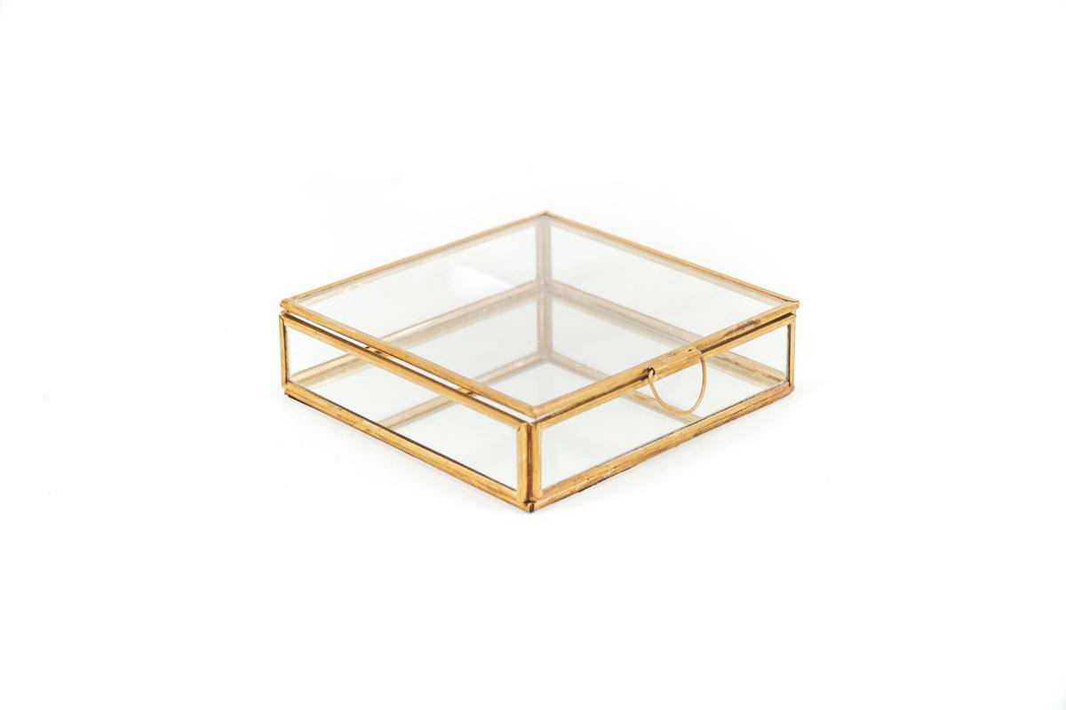 Homtone Glazen sieradendoos met 4 compartimenten, gouden heldere displaybox sieraden organizer en aanrechtblad collectie vitrine, decoratieve helder glas en messing doos
