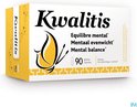 Gele en witte Kwalitis doos met 90 capsules, "Mentaal evenwicht" en een gele vlinder illustratie.