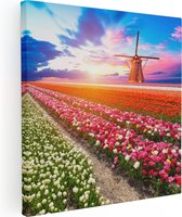 Artaza Canvas Schilderij Kleurrijke Bloemenveld Met Een Windmolen - 70x70 - Foto Op Canvas - Canvas Print