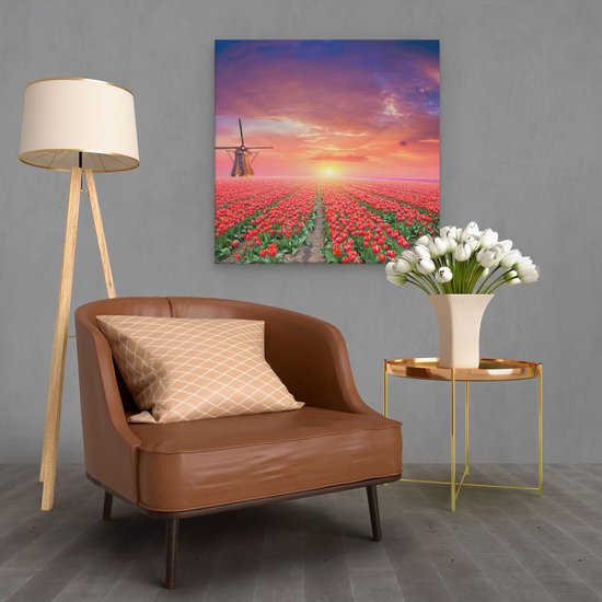 Artaza Toile Peinture Champ De Fleurs De Roses Rouges Avec Un Moulin À Vent - 70x70 - Photo Sur Toile - Impression Sur Toile