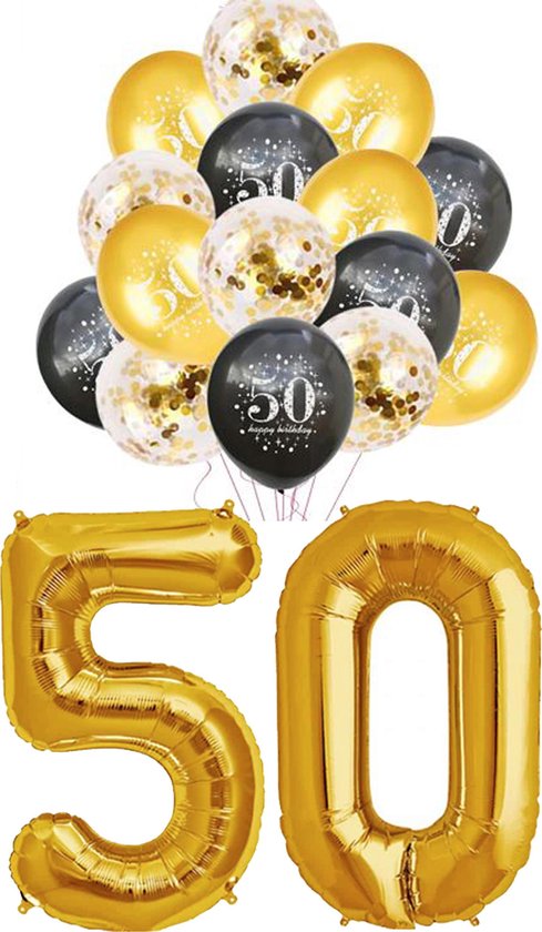 Ballon set 50 jaar - met 15 latex ballonnen - Goud - Zwart - verjaardag ballonnen - 1 meter