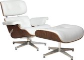 Lounge Chair met Ottoman - Design fauteuil - Walnoot - echt wit leer