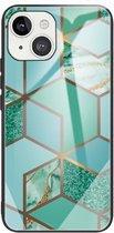 Beschermhoes van glas met abstract marmerpatroon voor iPhone 13 (ruitgroen)
